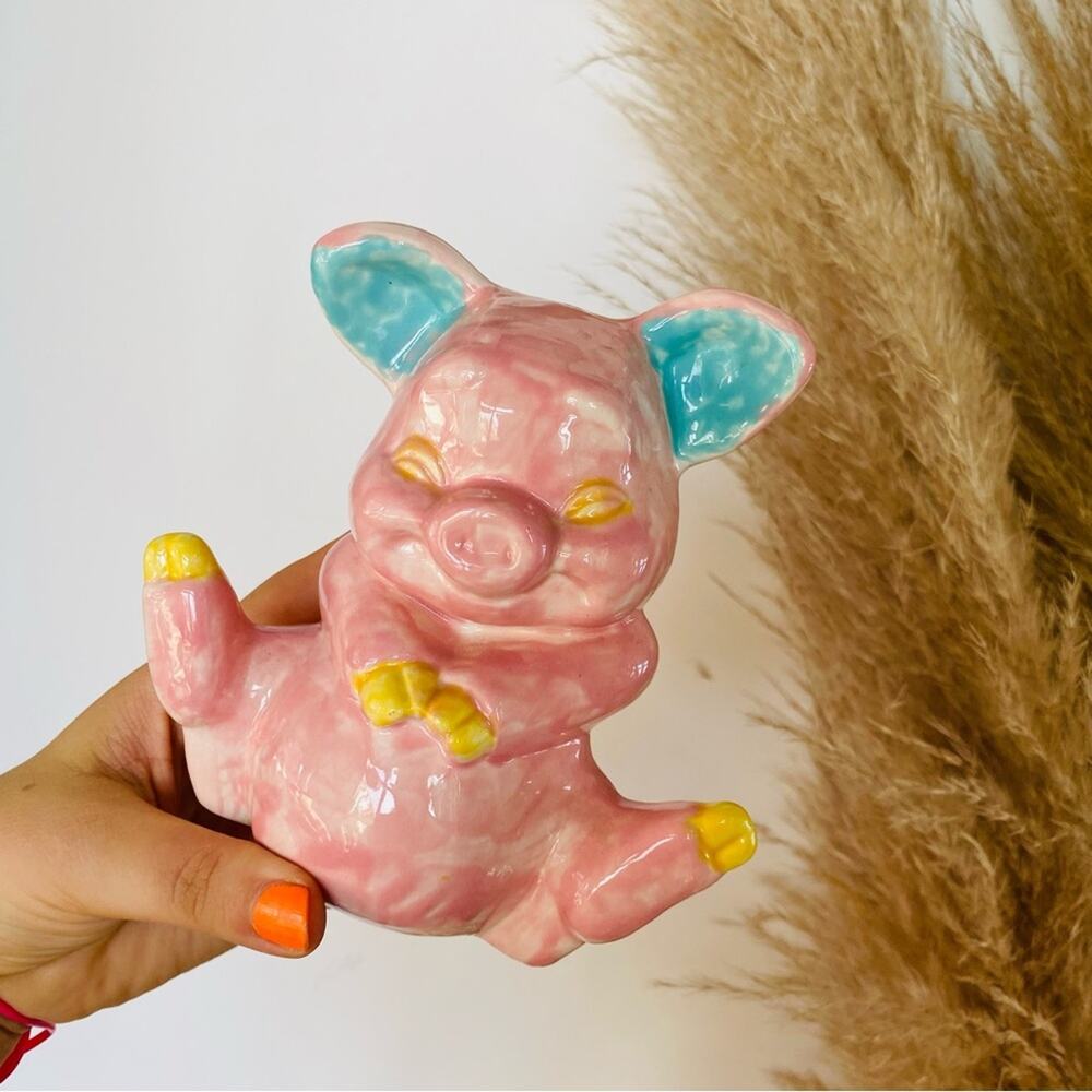 VINTAGE Soft Pale Pink Blue Yellow Piggie Bank Handmade Painted Ceramic Y2K Pig